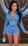 Blue High Waist Zip Fly Lace Up Jeans Shorts with Pocket