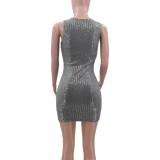 Grey Sequin Square Neck Sleeveless Mini Vest Dress
