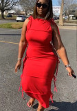 Plus Size Red O-Neck Sleeveless Lace Up Maxi Pencil Dress