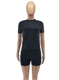 Black O-Neck Short Sleeves Top and Drawstring Pockets Shorts 2PCS Set