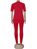 Red O-Neck Short Sleeves Top and High Waist Fitted Pants 2PCS Set