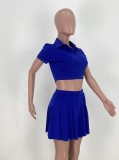 Blue Turndown Collar Short Sleeves Button Crop Top and Mini Skirt 2PCS Set