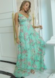 Floral Print Green V-Neck Sleeveless Ruffle Loose Maxi Dress