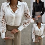 White Lace Patchwork Turndown Collar Long Sleeves Blouse