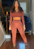 Red Long Sleeves Crop Top and High Waist Bodycon Pants 2PCS Set
