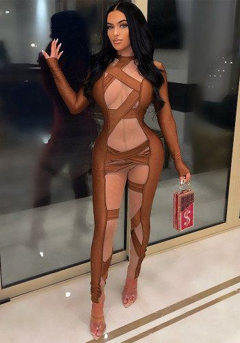Brown Mesh Patchwork Round Neck Long Sleeves Bodycon Jumpsuit