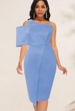 Plus Size Blue One Shoulder Single Half Sleeves Long Dress