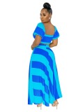 Stripe Print Blue Short Sleeves Crop Top and High Waist Maxi Skirt 2PCS Set