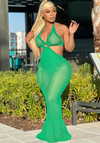 Green Sleeveless Hollow Out Halter Maxi Mermaid Dress