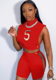 Red Number Print Turtleneck Sleeveless Crop Top and Shorts 2PCS Set