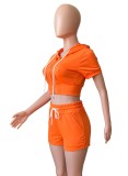 Orange Short Sleeves Drawstring Hoody Crop Top and Shorts 2PCS Set