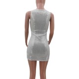 White Sequin Square Neck Sleeveless Mini Vest Dress