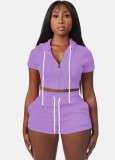 Purple Short Sleeves Drawstring Hoody Crop Top and Shorts 2PCS Set
