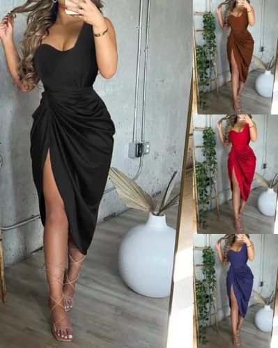 Blue Silk Single Shoulder Sleeveless Slit Midi Dress