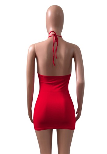 Red Cami Halter Sleeveless Keyhole Mini Bodycon Dress