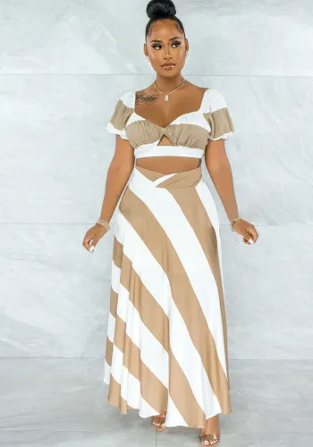 Stripe Print Khaki Short Sleeves Crop Top and High Waist Maxi Skirt 2PCS Set