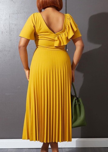 Yellow V-Neck Short Sleeves Ruffle Long Pleated Dress
