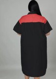 Plus Size Black Turndown Collar Half Sleeves Drop Shoulder Zip Wide Dress