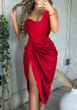 Red Silk Single Shoulder Sleeveless Slit Midi Dress