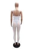 White Cami Sleeveless High Cut Bobysuit and Mesh Patchwork Pants 2PCS Set