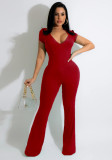 Red V-Neck Short Sleeves Bell Bottom Jumpsuit