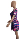 Plus Size Plaid Print Purple O-Neck Short Sleeves Belted Mini Skater Dress