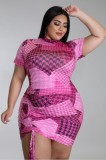 Plus Size Houndstooth Print Pink Turtleneck Short Sleeves Mini Dress
