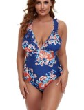 Plus Size Floral Print Blue V-Neck Sleeveless Ruffle One Piece Swimwear