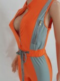 Orange Stand Collar Color Block Sleeveless Drawstring Jumpsuit