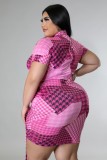Plus Size Houndstooth Print Pink Turtleneck Short Sleeves Mini Dress