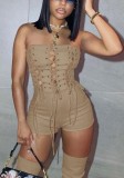 Khaki Strapless Sleeveless Lace Up Slim Fit Rompers