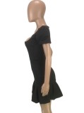 Black Square Collar Puff Short Sleeve Bodycon Mini Pleated Dress