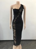 Black One Shoulder Sleeveless Hollow Out Bodycon Maxi Dress