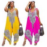 Plus Size Floral Print Yellow V-Neck Sleeveless Cami Loose Jumpsuit