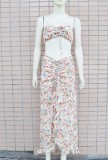 Floral Print White Strapless Sleeveless Crop Top and Ruffle Long Skirt 2PCS Set