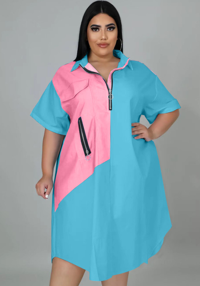 Plus Size Blue Turndown Collar Half Sleeves Drop Shoulder Zip Wide Dress