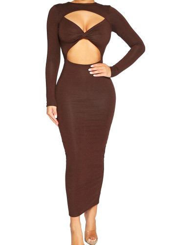 Brown O-Neck Long Sleeves Hollow Out Slim Fit Maxi Dress