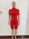 Red Turtleneck Short Sleeves Hollow Out Slim Fit Rompers