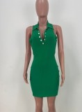 Green V-Neck Sleeveless Snap Button Mini Slinky Dress