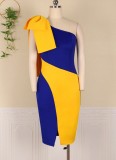 Plus Size Yellow and Blue Knotted Slash Neck Sleeveless Slit Long Dress