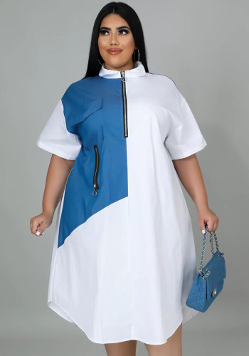 Plus Size White Turndown Collar Half Sleeves Drop Shoulder Zip Wide Dress