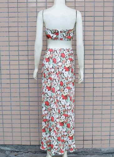 Floral Print Green Strapless Sleeveless Crop Top and Ruffle Long Skirt 2PCS Set