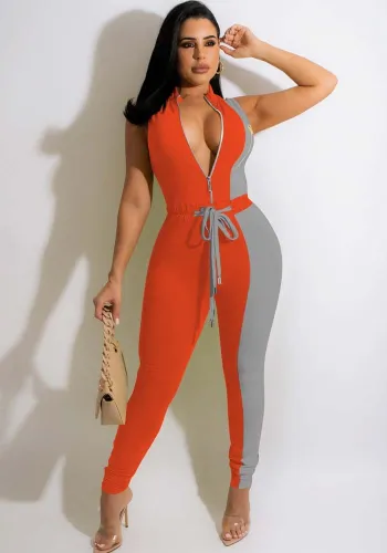 Orange Stand Collar Color Block Sleeveless Drawstring Jumpsuit