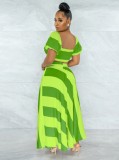Stripe Print Green Short Sleeves Crop Top and High Waist Maxi Skirt 2PCS Set