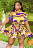 Plus Size Plaid Print Yellow O-Neck Short Sleeves Belted Mini Skater Dress