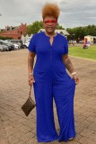 Plus Size Blue Button Up O-Neck Short Sleeves Loose Jumpsuit with Pocket