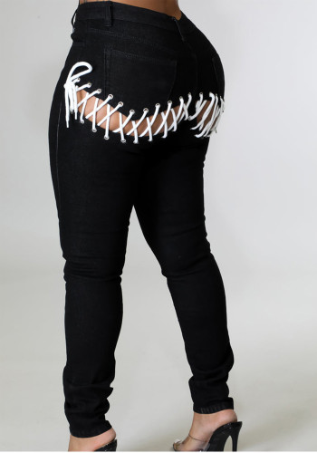 Black High Waist Zip Fly Lace Up Slim Fit Jeans