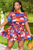 Plus Size Plaid Print Red O-Neck Short Sleeves Belted Mini Skater Dress
