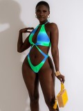 Tie Dye Blue Cami Halter Lace Up Bikini and Cover-Up Swimwear 3PCS Set