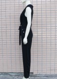 Black V-Neck Sleeveless Belted Jumpsuit with Pocket
